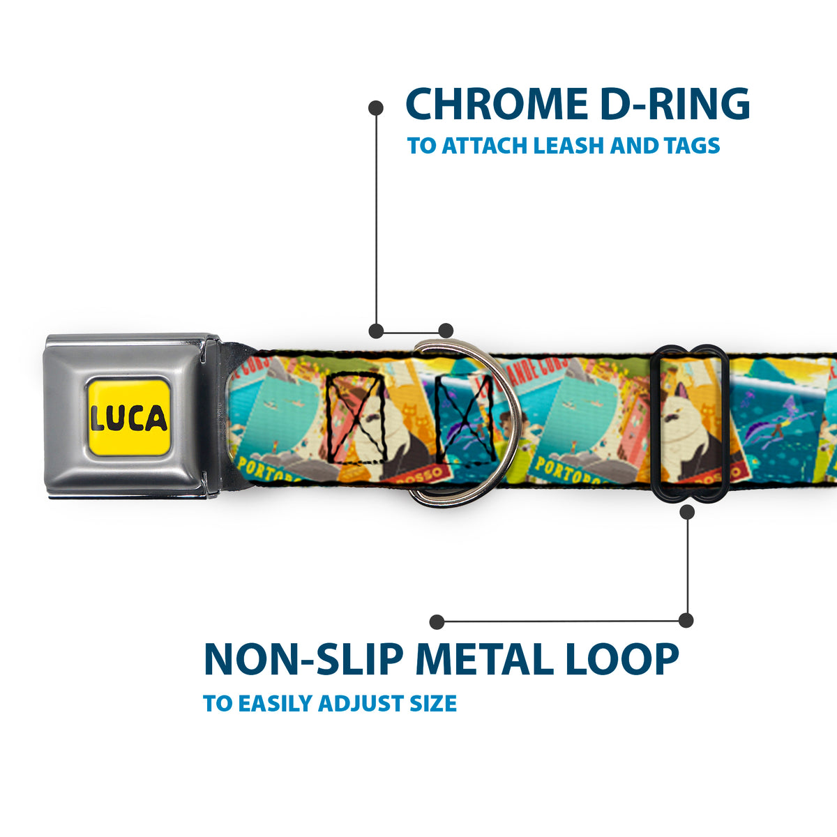 LUCA Logo Full Color Yellow/Black Seatbelt Buckle Collar - Luca The Piazza Poster Collage Stacked Dog Collars Seatbelt Buckle Disney