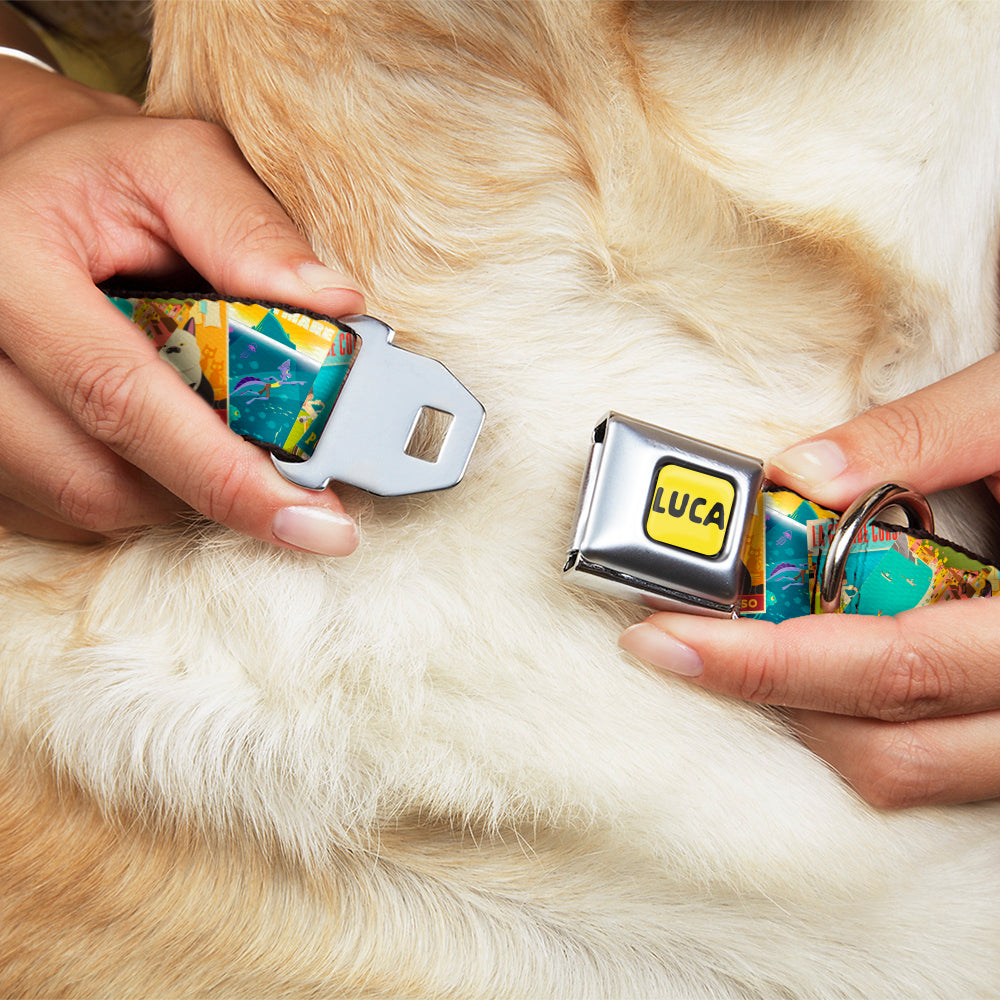 LUCA Logo Full Color Yellow/Black Seatbelt Buckle Collar - Luca The Piazza Poster Collage Stacked Dog Collars Seatbelt Buckle Disney