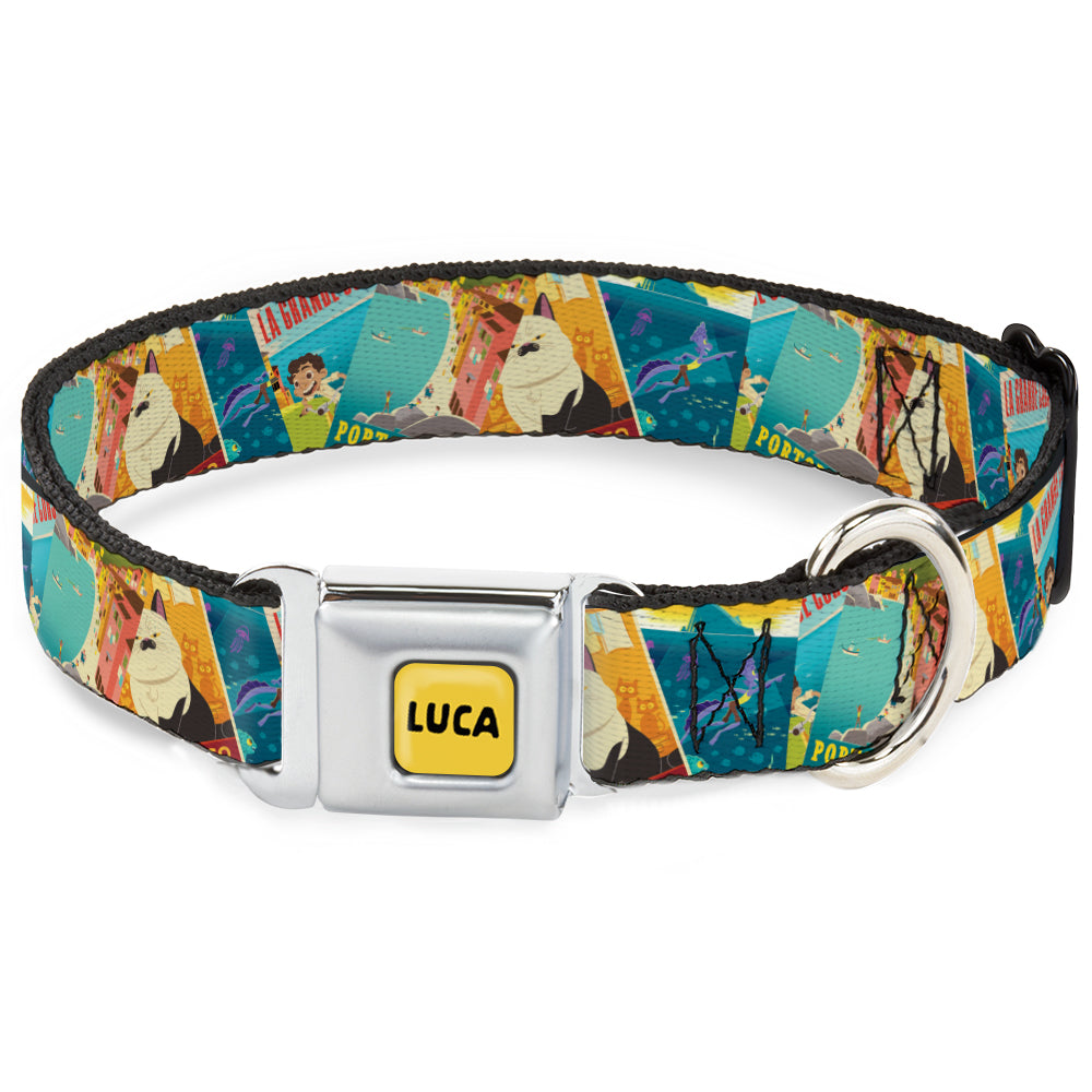 LUCA Logo Full Color Yellow/Black Seatbelt Buckle Collar - Luca The Piazza Poster Collage Stacked Dog Collars Seatbelt Buckle Disney