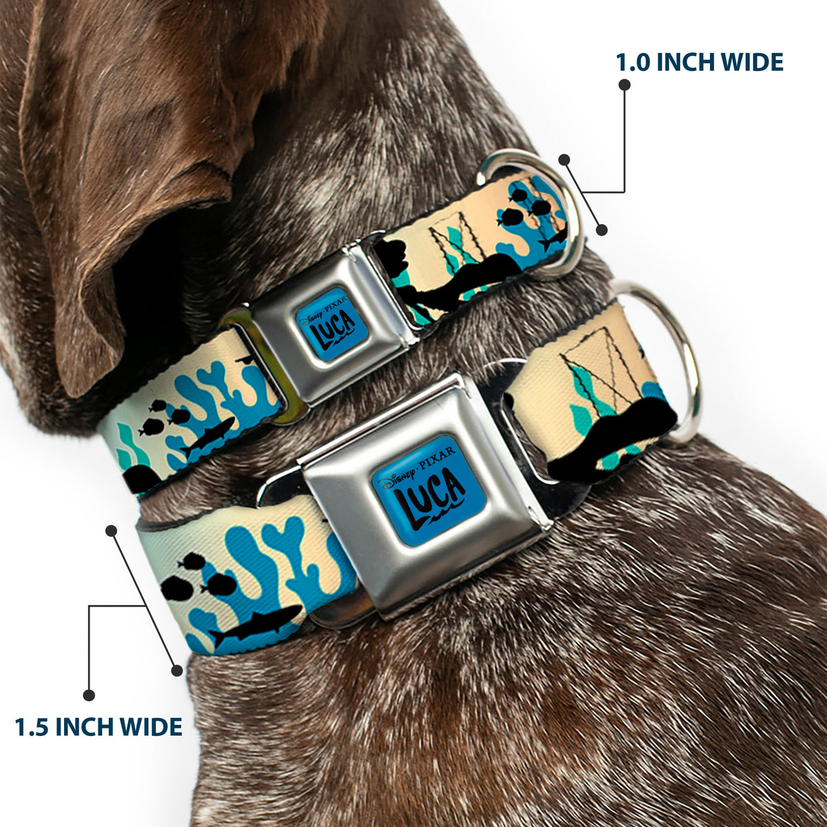 LUCA Logo Full Color Turquoise/Black Seatbelt Buckle Collar - Luca and Alberto Sea Monsters Underwater Silhouette Ombre/Black Dog Collars Seatbelt Buckle Disney