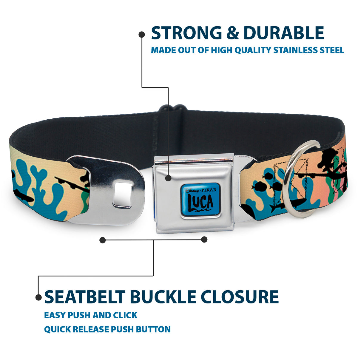 LUCA Logo Full Color Turquoise/Black Seatbelt Buckle Collar - Luca and Alberto Sea Monsters Underwater Silhouette Ombre/Black Dog Collars Seatbelt Buckle Disney