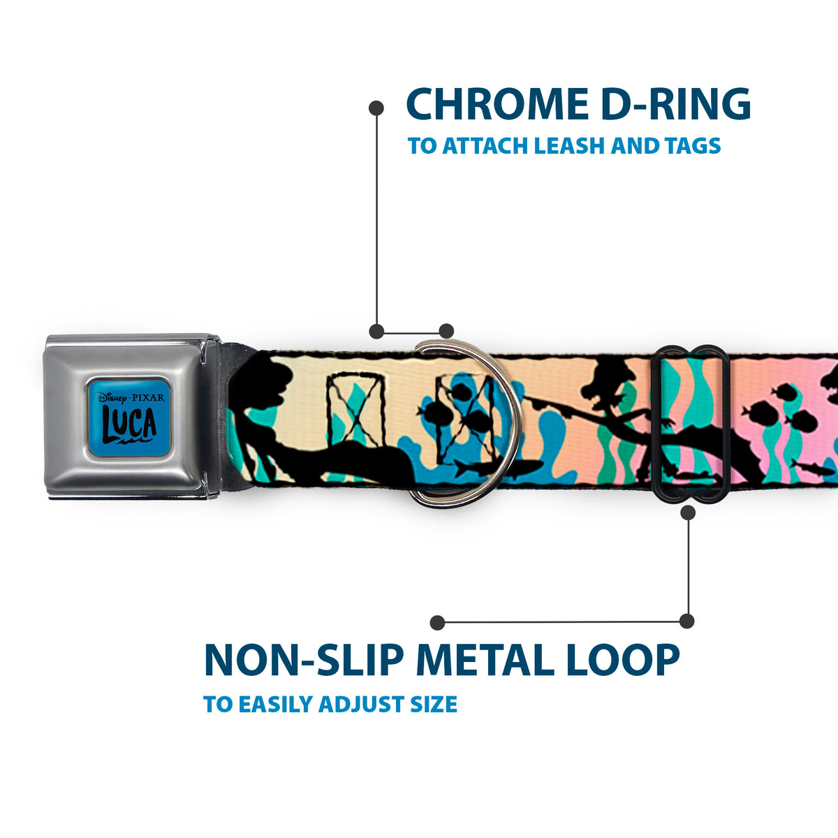LUCA Logo Full Color Turquoise/Black Seatbelt Buckle Collar - Luca and Alberto Sea Monsters Underwater Silhouette Ombre/Black Dog Collars Seatbelt Buckle Disney