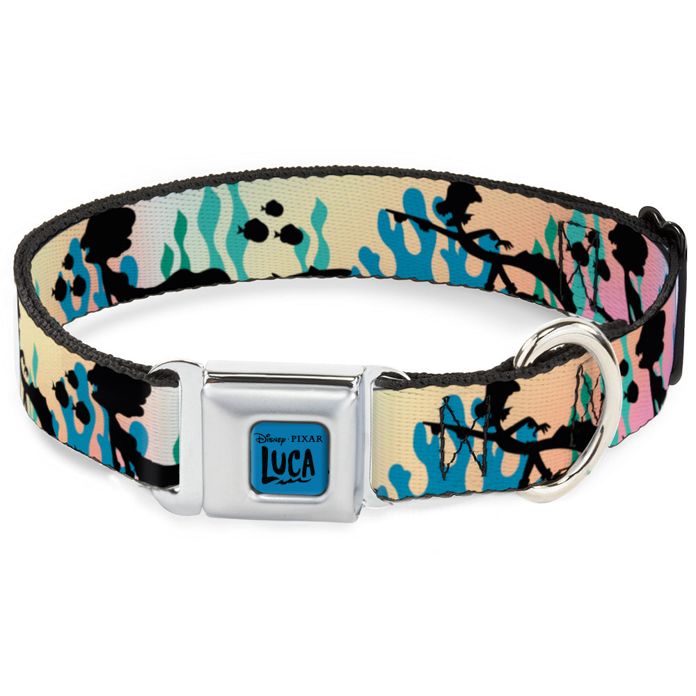 LUCA Logo Full Color Turquoise/Black Seatbelt Buckle Collar - Luca and Alberto Sea Monsters Underwater Silhouette Ombre/Black Dog Collars Seatbelt Buckle Disney