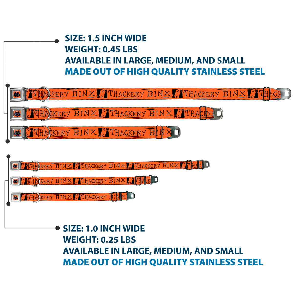 Hocus Pocus Thackery Binx Cat Face Full Color Orange Seatbelt Buckle Collar - Hocus Pocus THACKERY BINX Cat Silhouette Orange/Black Dog Collars Seatbelt Buckle Disney
