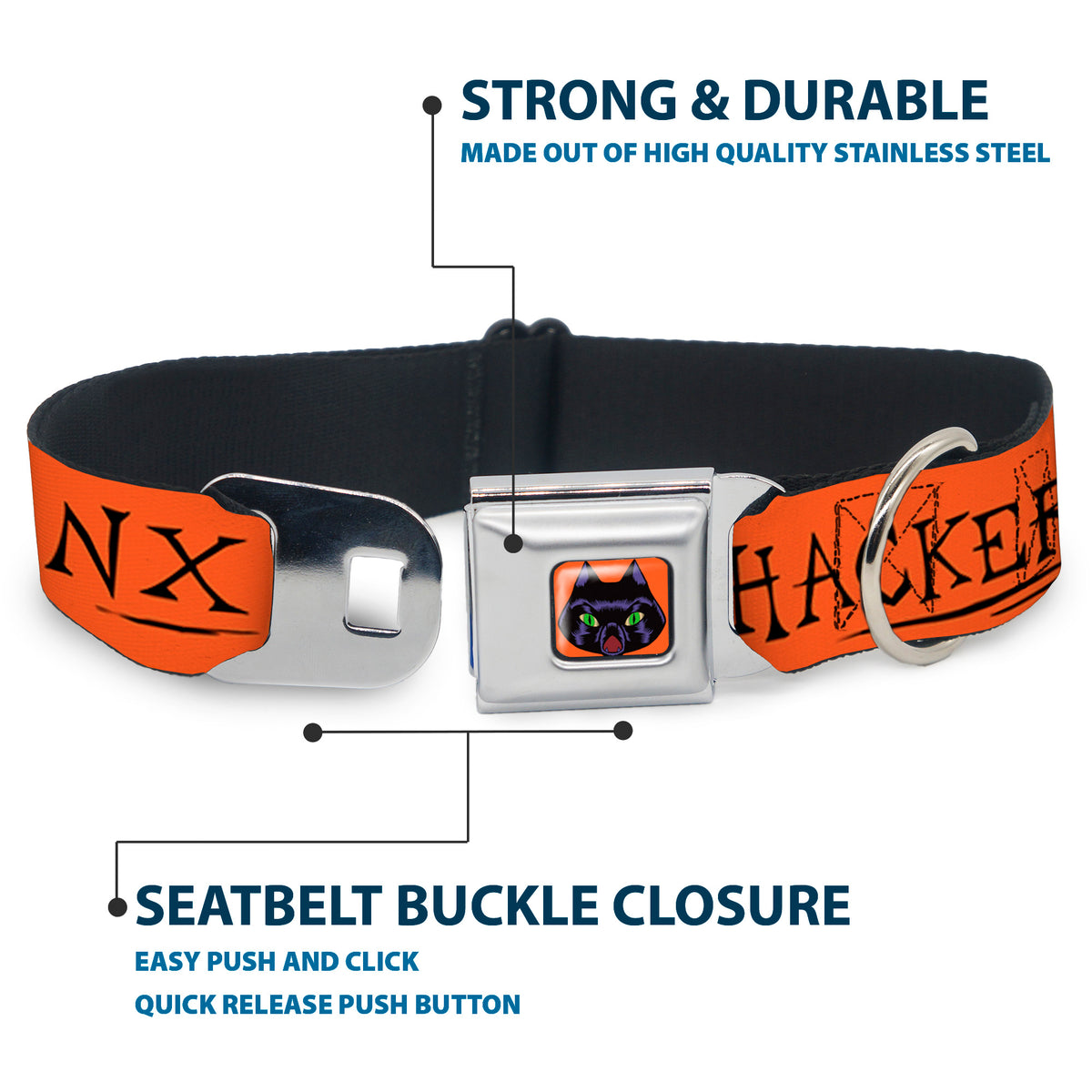 Hocus Pocus Thackery Binx Cat Face Full Color Orange Seatbelt Buckle Collar - Hocus Pocus THACKERY BINX Cat Silhouette Orange/Black Dog Collars Seatbelt Buckle Disney