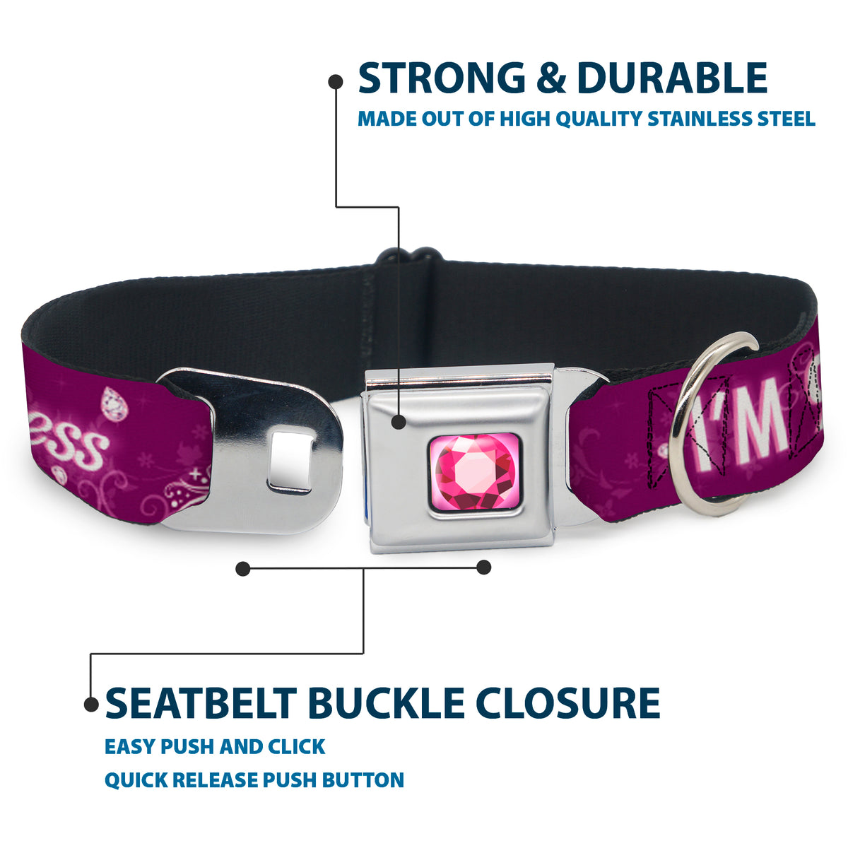 Princess Gem Full Color Fuchsia Seatbelt Buckle Collar - I'M 99.9% SURE I'M A DISNEY PRINCESS Pinks/White Dog Collars Seatbelt Buckle Disney