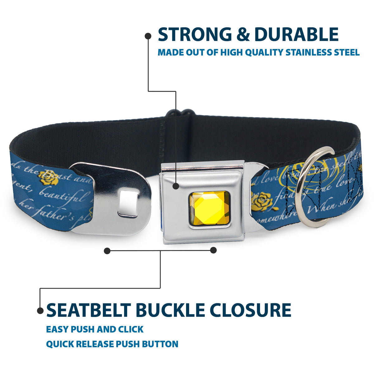 Princess Gem CLOSE-UP Full Color Yellow Seatbelt Buckle Collar - Beauty & the Beast Story Script Dog Collars Seatbelt Buckle Disney