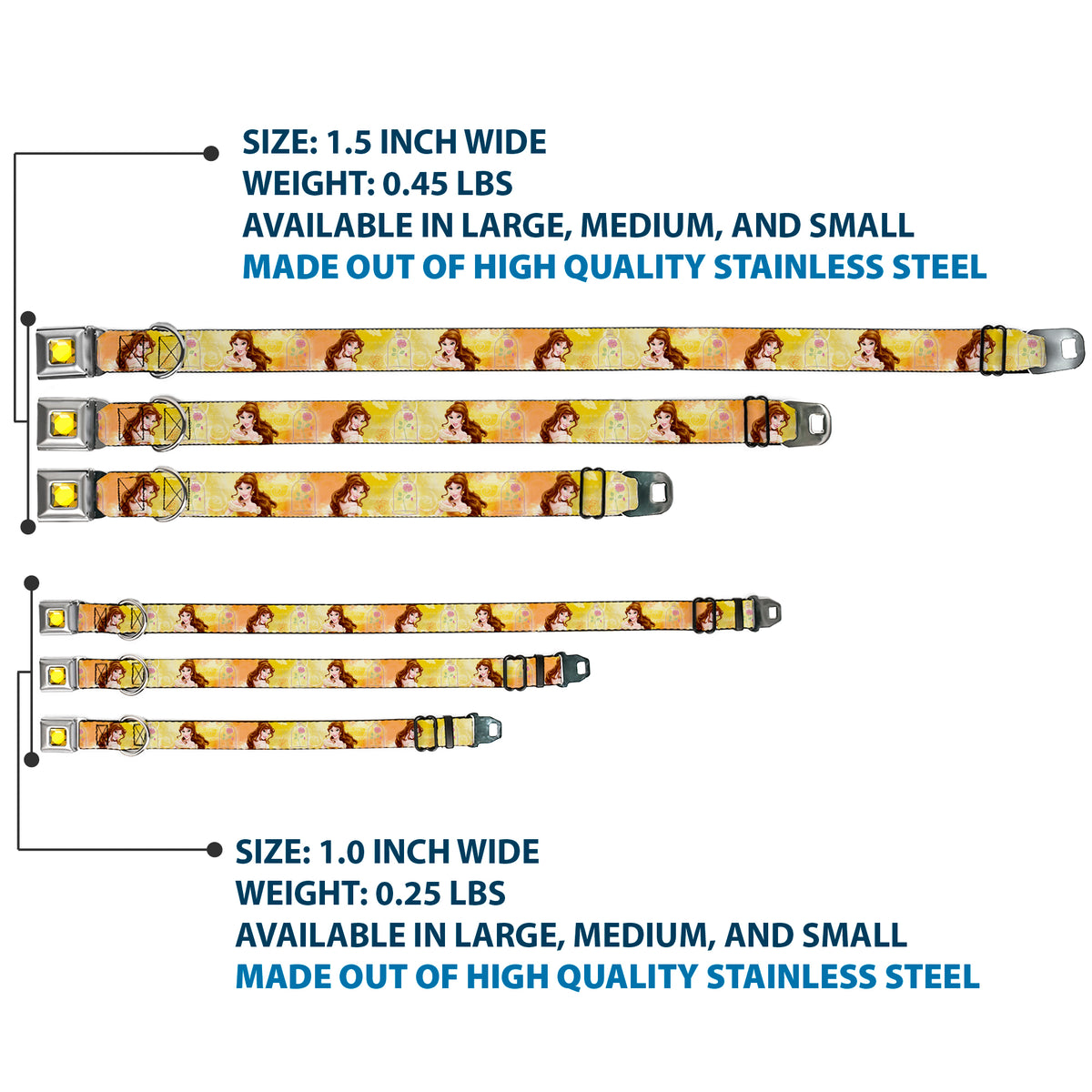 Princess Gem CLOSE-UP Full Color Yellow Seatbelt Buckle Collar - Belle Poses/Enchanted Rose/Story Script Yellow/Pinks Dog Collars Seatbelt Buckle Disney