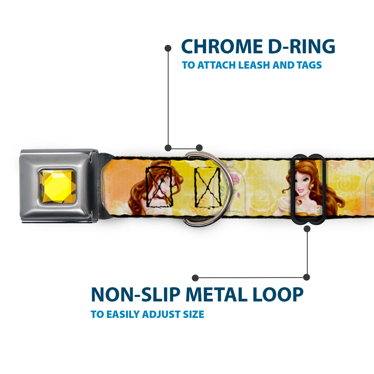 Princess Gem CLOSE-UP Full Color Yellow Seatbelt Buckle Collar - Belle Poses/Enchanted Rose/Story Script Yellow/Pinks Dog Collars Seatbelt Buckle Disney