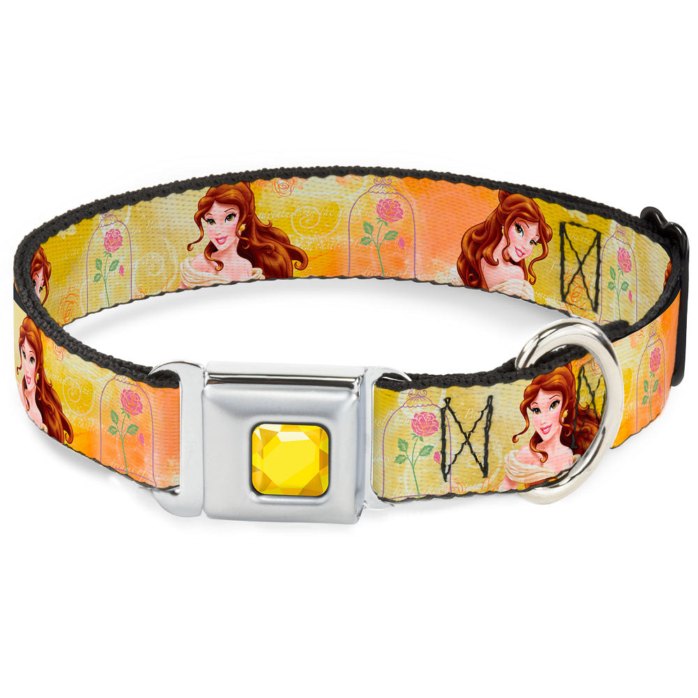 Princess Gem CLOSE-UP Full Color Yellow Seatbelt Buckle Collar - Belle Poses/Enchanted Rose/Story Script Yellow/Pinks Dog Collars Seatbelt Buckle Disney