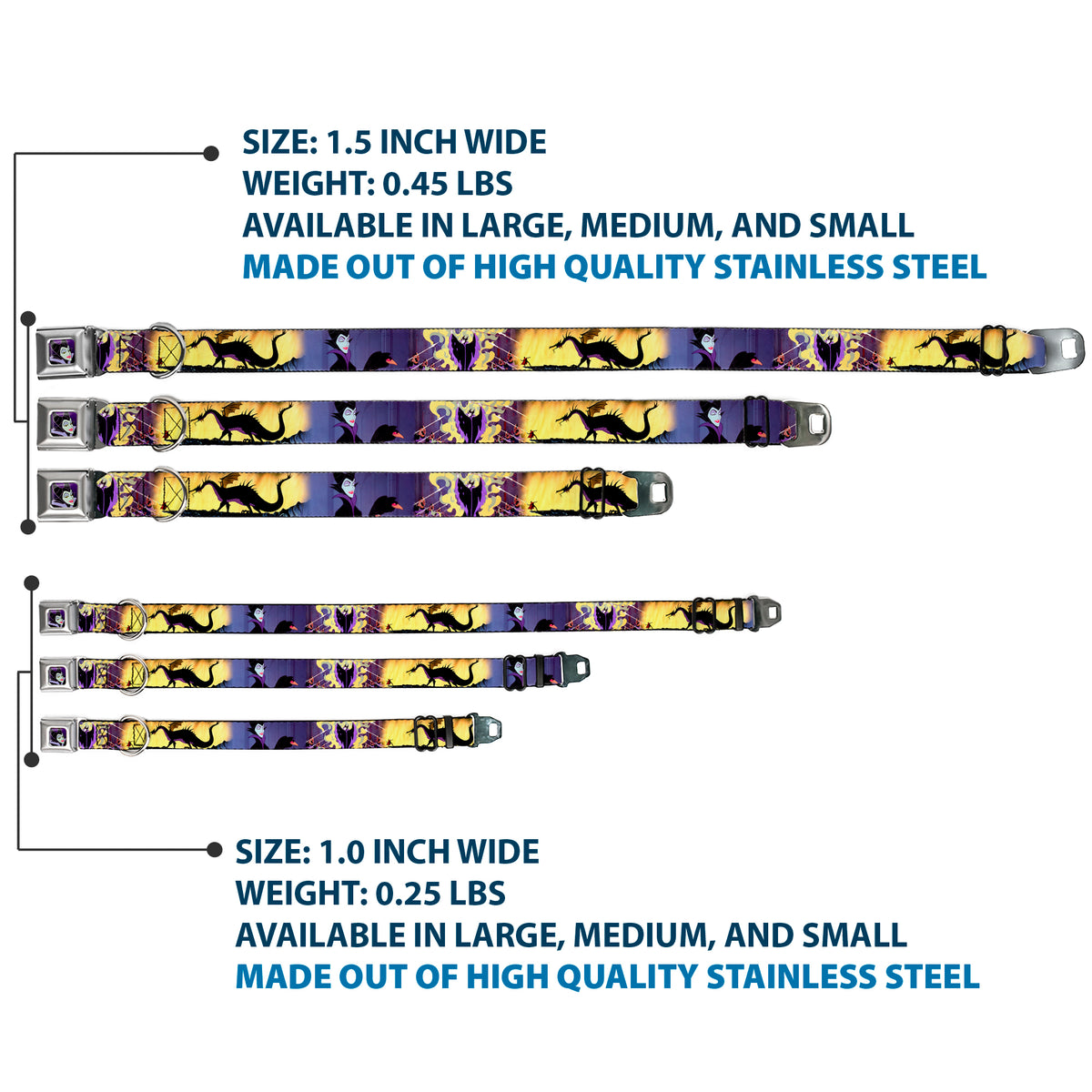 Maleficent Face Full Color Purple Fade Seatbelt Buckle Collar - Maleficent Poses Dog Collars Seatbelt Buckle Disney