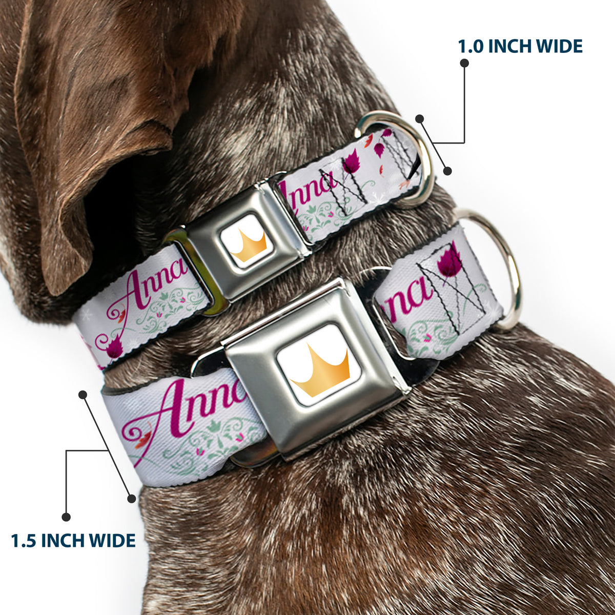 Disney Princess Crown Full Color Golds Seatbelt Buckle Collar - Frozen Anna Castle Pose with Flowers and Script Grays/Pinks Dog Collars Seatbelt Buckle Disney
