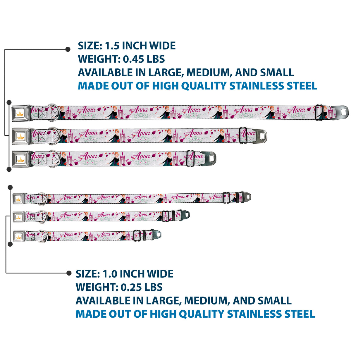 Disney Princess Crown Full Color Golds Seatbelt Buckle Collar - Frozen Anna Castle Pose with Flowers and Script Grays/Pinks Dog Collars Seatbelt Buckle Disney