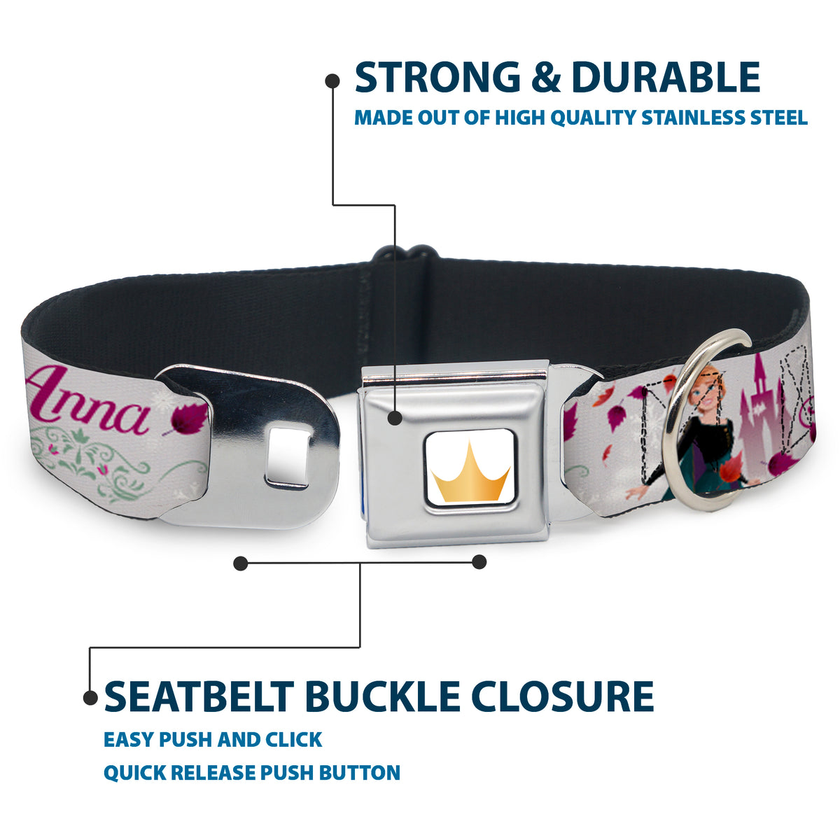 Disney Princess Crown Full Color Golds Seatbelt Buckle Collar - Frozen Anna Castle Pose with Flowers and Script Grays/Pinks Dog Collars Seatbelt Buckle Disney
