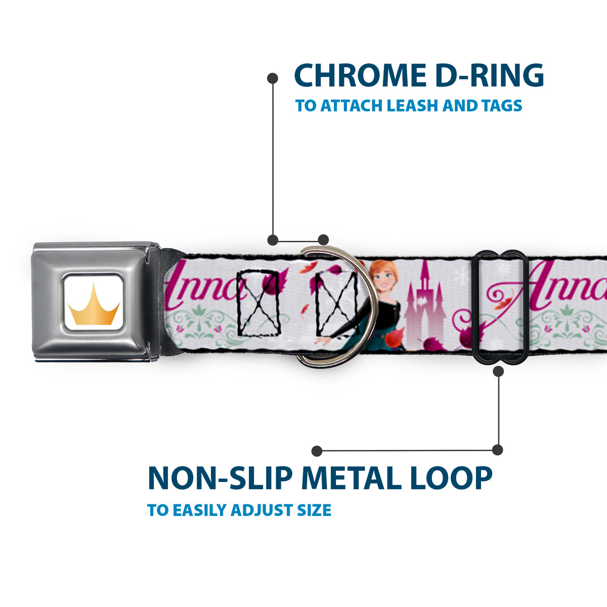 Disney Princess Crown Full Color Golds Seatbelt Buckle Collar - Frozen Anna Castle Pose with Flowers and Script Grays/Pinks Dog Collars Seatbelt Buckle Disney