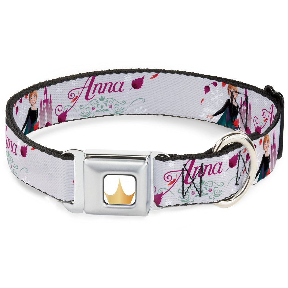 Disney Princess Crown Full Color Golds Seatbelt Buckle Collar - Frozen Anna Castle Pose with Flowers and Script Grays/Pinks Dog Collars Seatbelt Buckle Disney