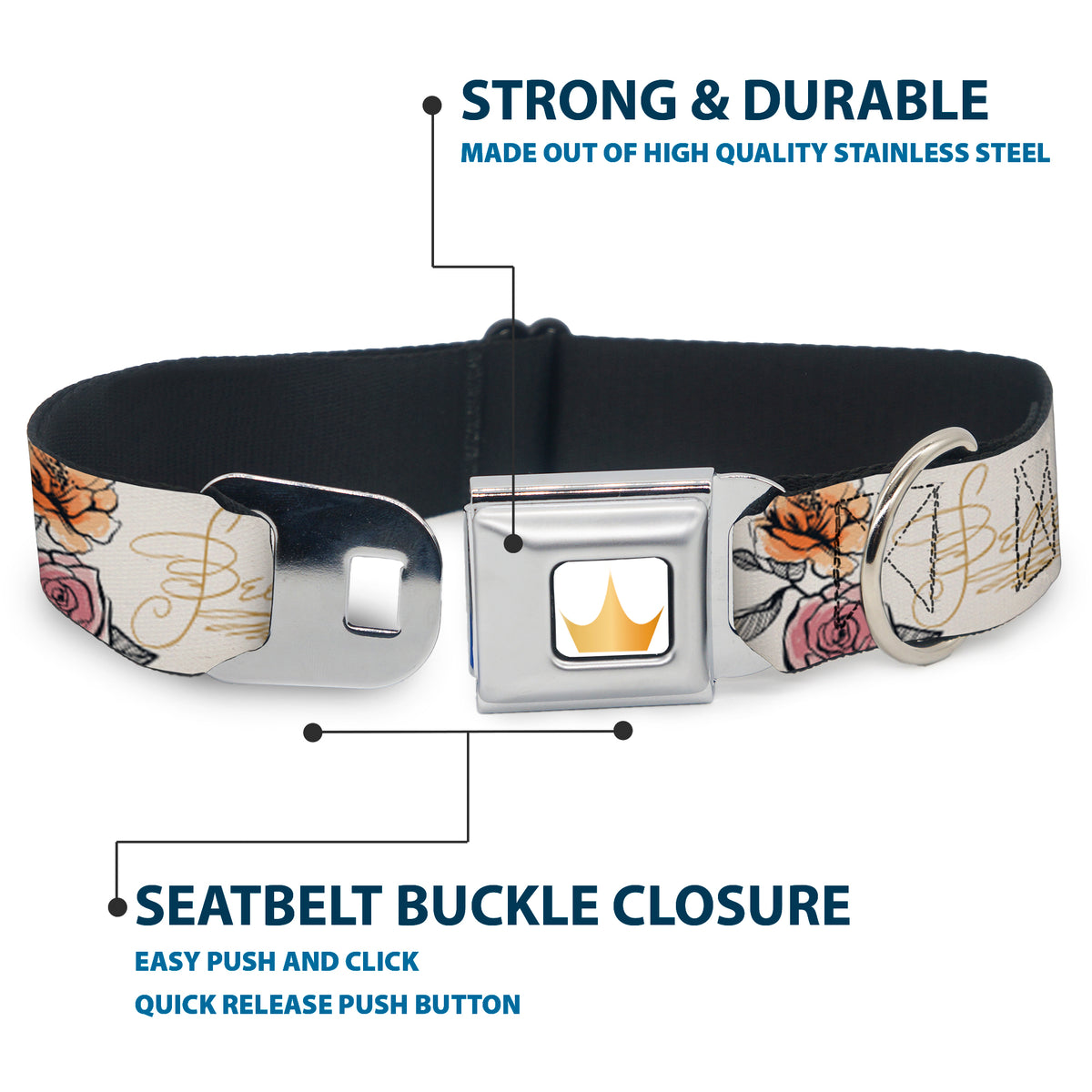 Disney Princess Crown Full Color Golds Seatbelt Buckle Collar - Beauty and the Beast Belle Castle Pose with Script and Flowers White/Yellows Dog Collars Seatbelt Buckle Disney