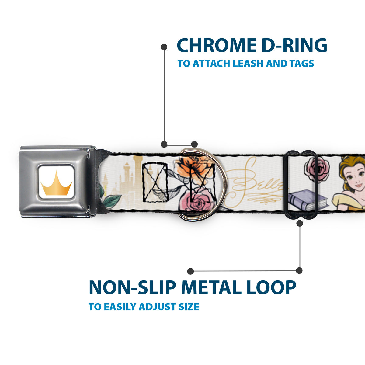 Disney Princess Crown Full Color Golds Seatbelt Buckle Collar - Beauty and the Beast Belle Castle Pose with Script and Flowers White/Yellows Dog Collars Seatbelt Buckle Disney