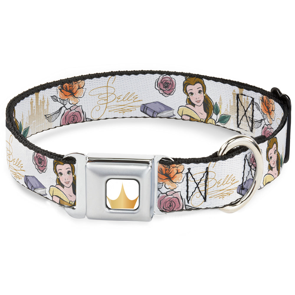 Disney Princess Crown Full Color Golds Seatbelt Buckle Collar - Beauty and the Beast Belle Castle Pose with Script and Flowers White/Yellows Dog Collars Seatbelt Buckle Disney