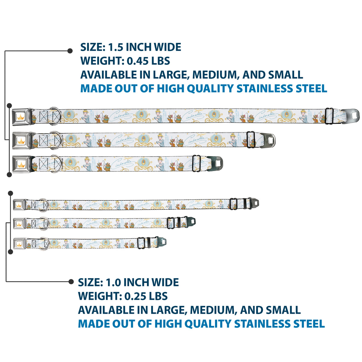 Disney Princess Crown Full Color Golds Seatbelt Buckle Collar - Cinderella Pumpkin Coach and Mice Pose with Script White/Blues Dog Collars Seatbelt Buckle Disney