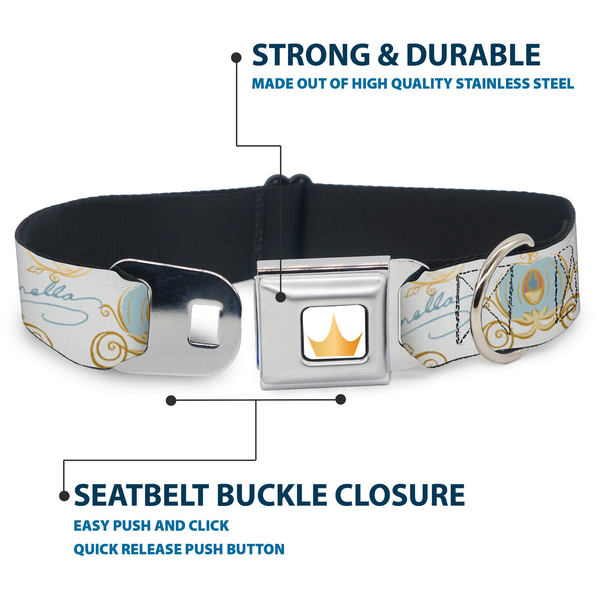 Disney Princess Crown Full Color Golds Seatbelt Buckle Collar - Cinderella Pumpkin Coach and Mice Pose with Script White/Blues Dog Collars Seatbelt Buckle Disney