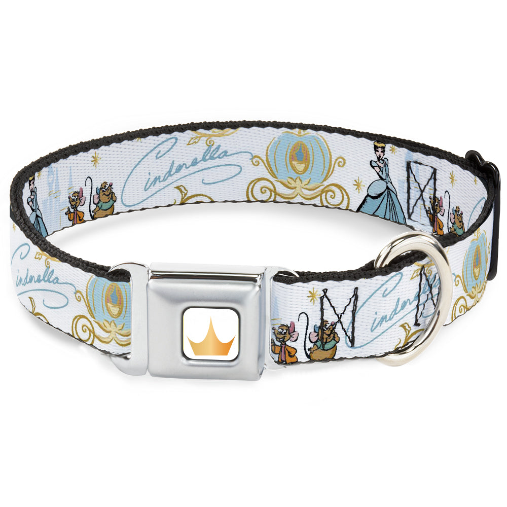 Disney Princess Crown Full Color Golds Seatbelt Buckle Collar - Cinderella Pumpkin Coach and Mice Pose with Script White/Blues Dog Collars Seatbelt Buckle Disney