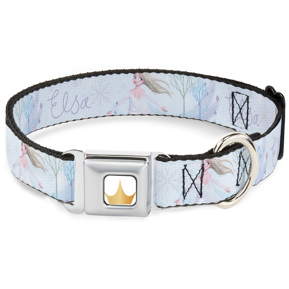 Disney Princess Crown Full Color Golds Seatbelt Buckle Collar - Frozen Elsa Snowflake Pose with Trees and Script Blues/Purples Dog Collars Seatbelt Buckle Disney