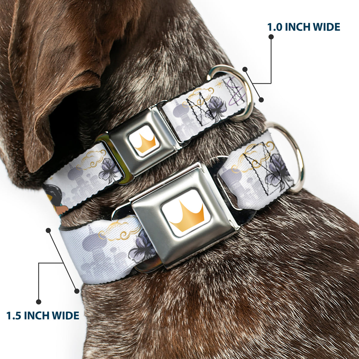 Disney Princess Crown Full Color Golds Seatbelt Buckle Collar - Aladdin Jasmine Palace Pose with Script and Flowers White/Purples Dog Collars Seatbelt Buckle Disney