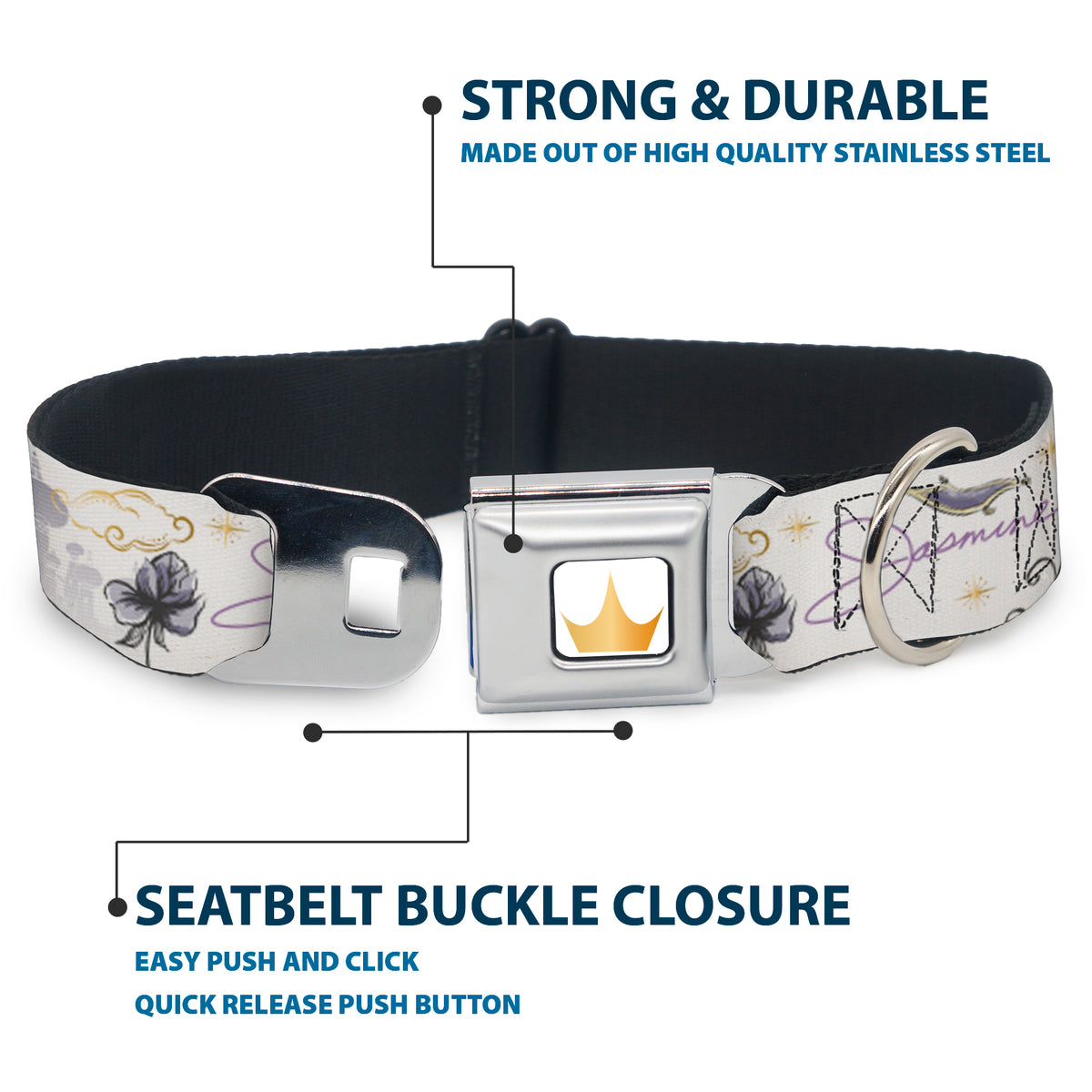 Disney Princess Crown Full Color Golds Seatbelt Buckle Collar - Aladdin Jasmine Palace Pose with Script and Flowers White/Purples Dog Collars Seatbelt Buckle Disney