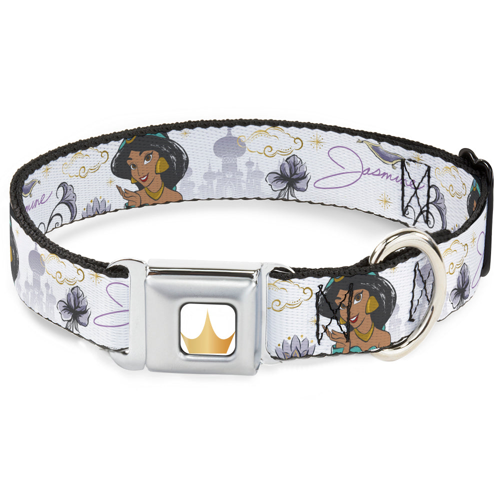 Disney Princess Crown Full Color Golds Seatbelt Buckle Collar - Aladdin Jasmine Palace Pose with Script and Flowers White/Purples Dog Collars Seatbelt Buckle Disney