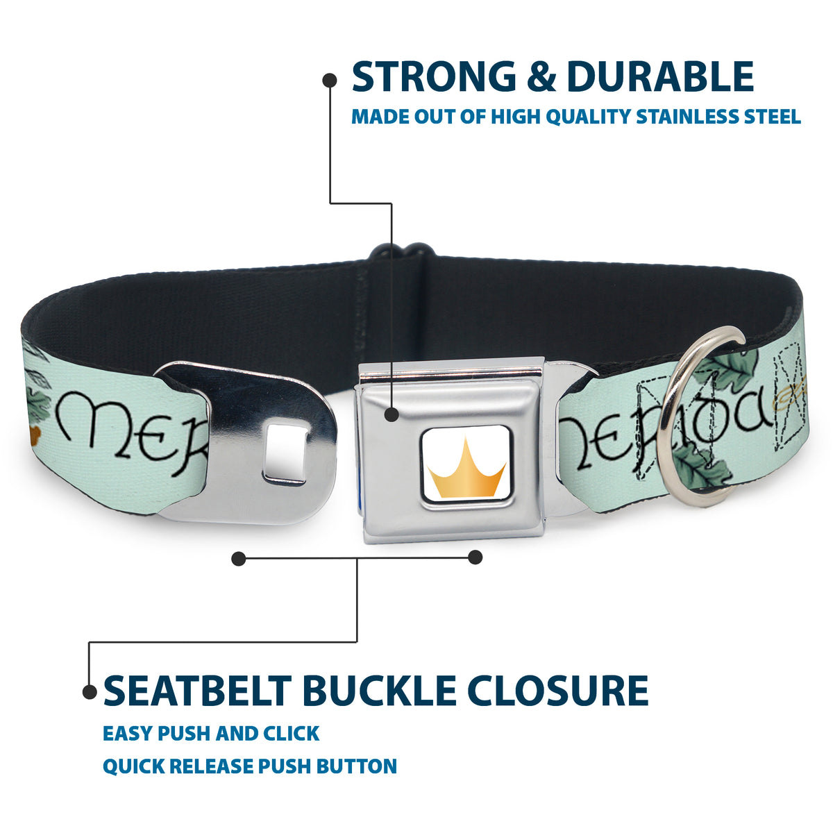 Disney Princess Crown Full Color Golds Seatbelt Buckle Collar - Brave Merida Castle and Three Bear Brothers Pose with Script Greens Dog Collars Seatbelt Buckle Disney