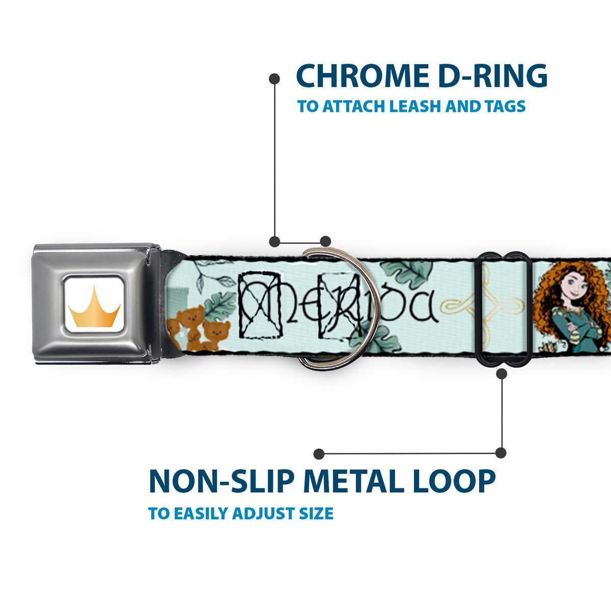 Disney Princess Crown Full Color Golds Seatbelt Buckle Collar - Brave Merida Castle and Three Bear Brothers Pose with Script Greens Dog Collars Seatbelt Buckle Disney