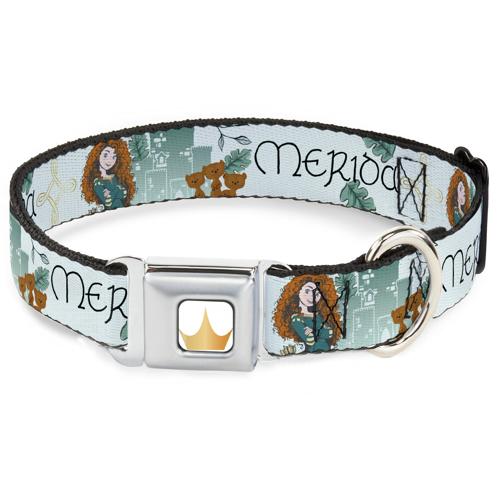 Disney Princess Crown Full Color Golds Seatbelt Buckle Collar - Brave Merida Castle and Three Bear Brothers Pose with Script Greens Dog Collars Seatbelt Buckle Disney
