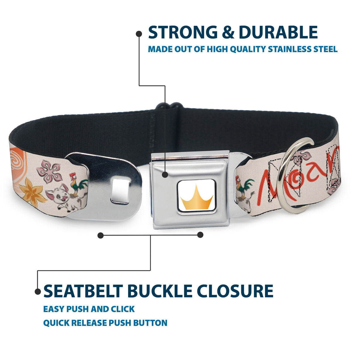 Disney Princess Crown Full Color Golds Seatbelt Buckle Collar - Moana with Pua and Hei Hei Sail Pose with Script and Flowers Beige/Orange Dog Collars Seatbelt Buckle Disney