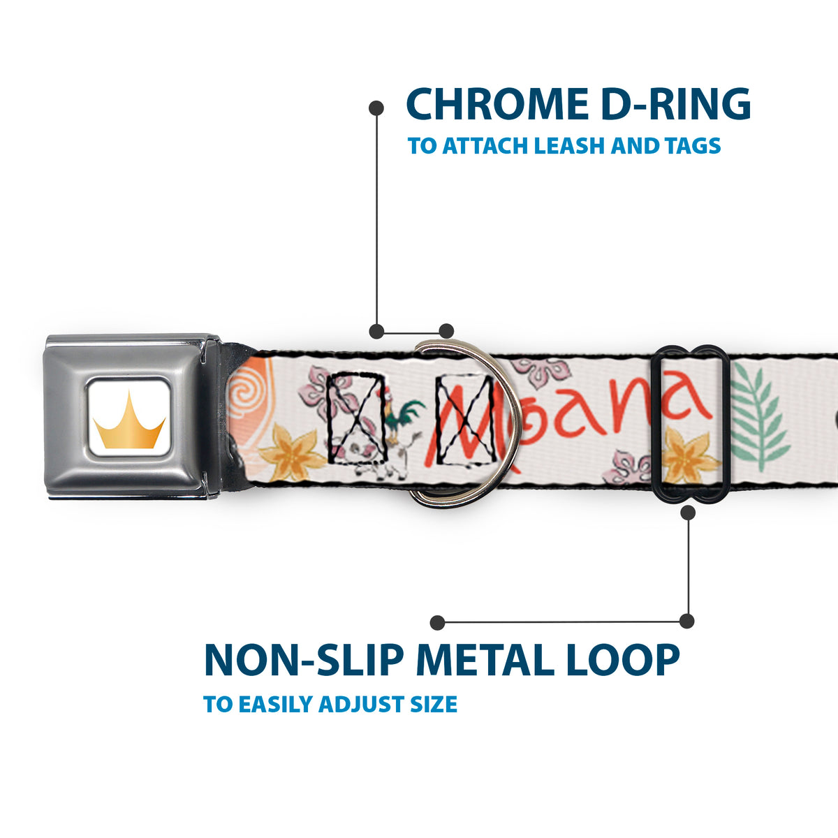 Disney Princess Crown Full Color Golds Seatbelt Buckle Collar - Moana with Pua and Hei Hei Sail Pose with Script and Flowers Beige/Orange Dog Collars Seatbelt Buckle Disney