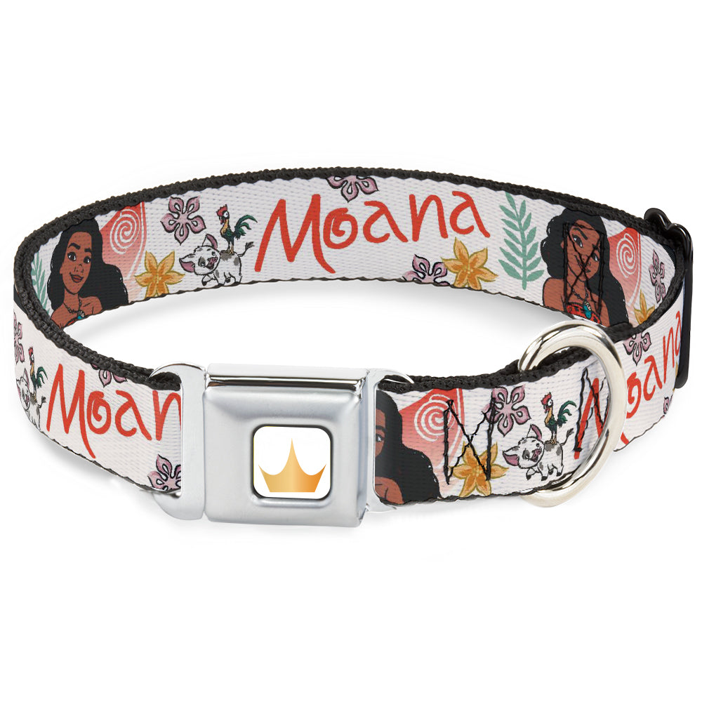 Disney Princess Crown Full Color Golds Seatbelt Buckle Collar - Moana with Pua and Hei Hei Sail Pose with Script and Flowers Beige/Orange Dog Collars Seatbelt Buckle Disney