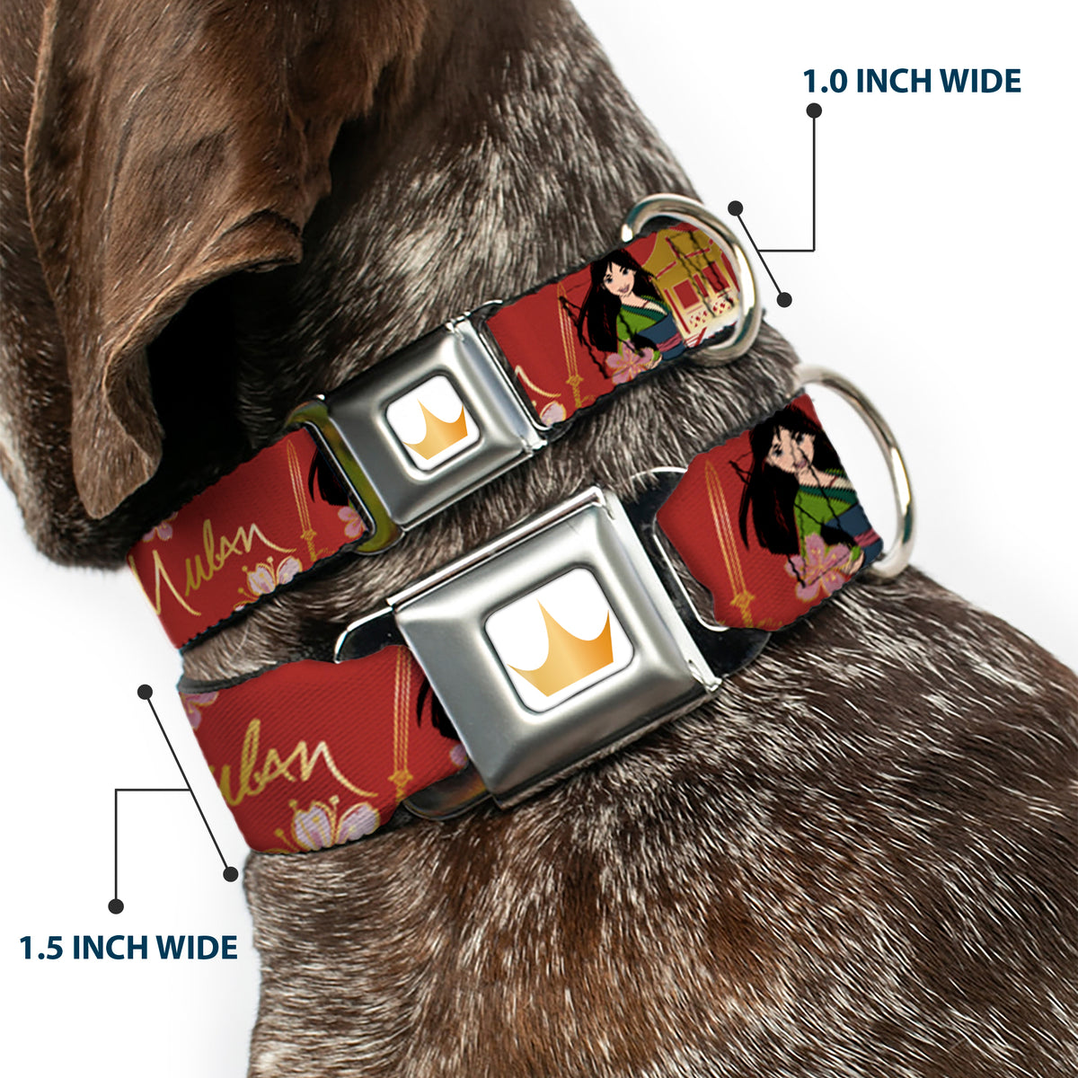 Disney Princess Crown Full Color Golds Seatbelt Buckle Collar - Mulan Gazebo Pose with Flowers and Script Red/Golds Dog Collars Seatbelt Buckle Disney