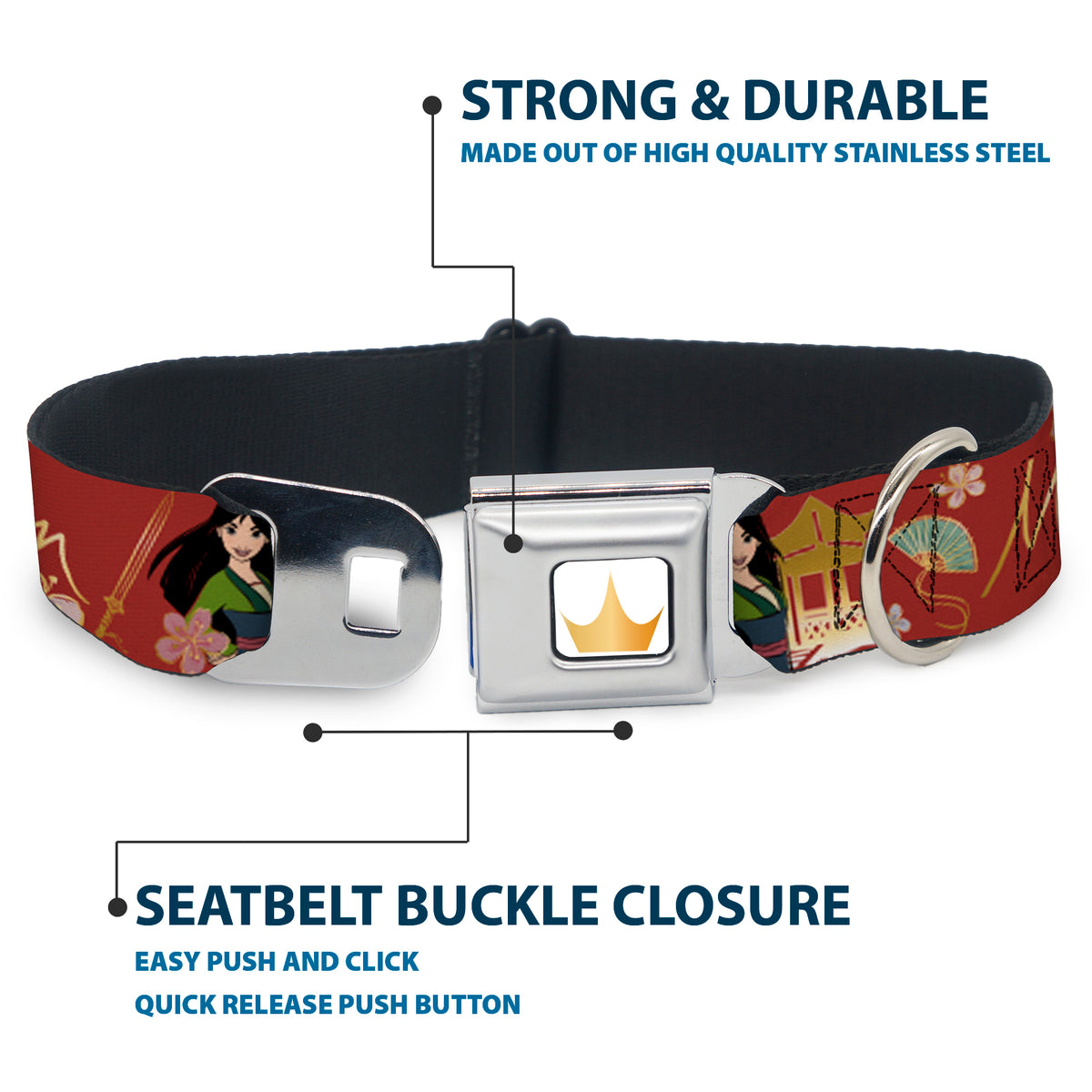 Disney Princess Crown Full Color Golds Seatbelt Buckle Collar - Mulan Gazebo Pose with Flowers and Script Red/Golds Dog Collars Seatbelt Buckle Disney