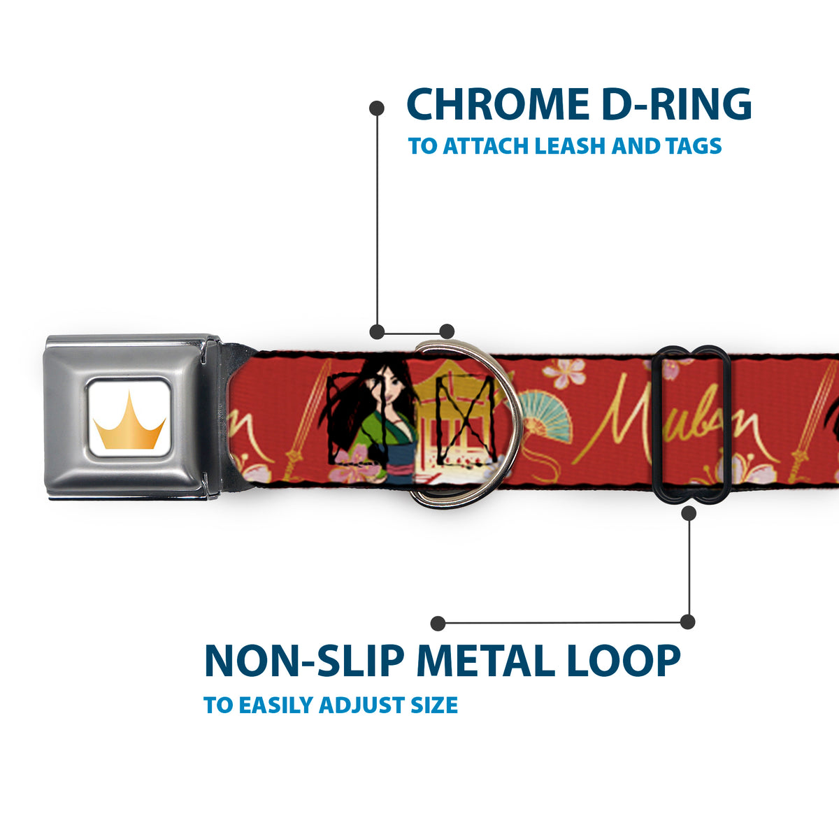 Disney Princess Crown Full Color Golds Seatbelt Buckle Collar - Mulan Gazebo Pose with Flowers and Script Red/Golds Dog Collars Seatbelt Buckle Disney