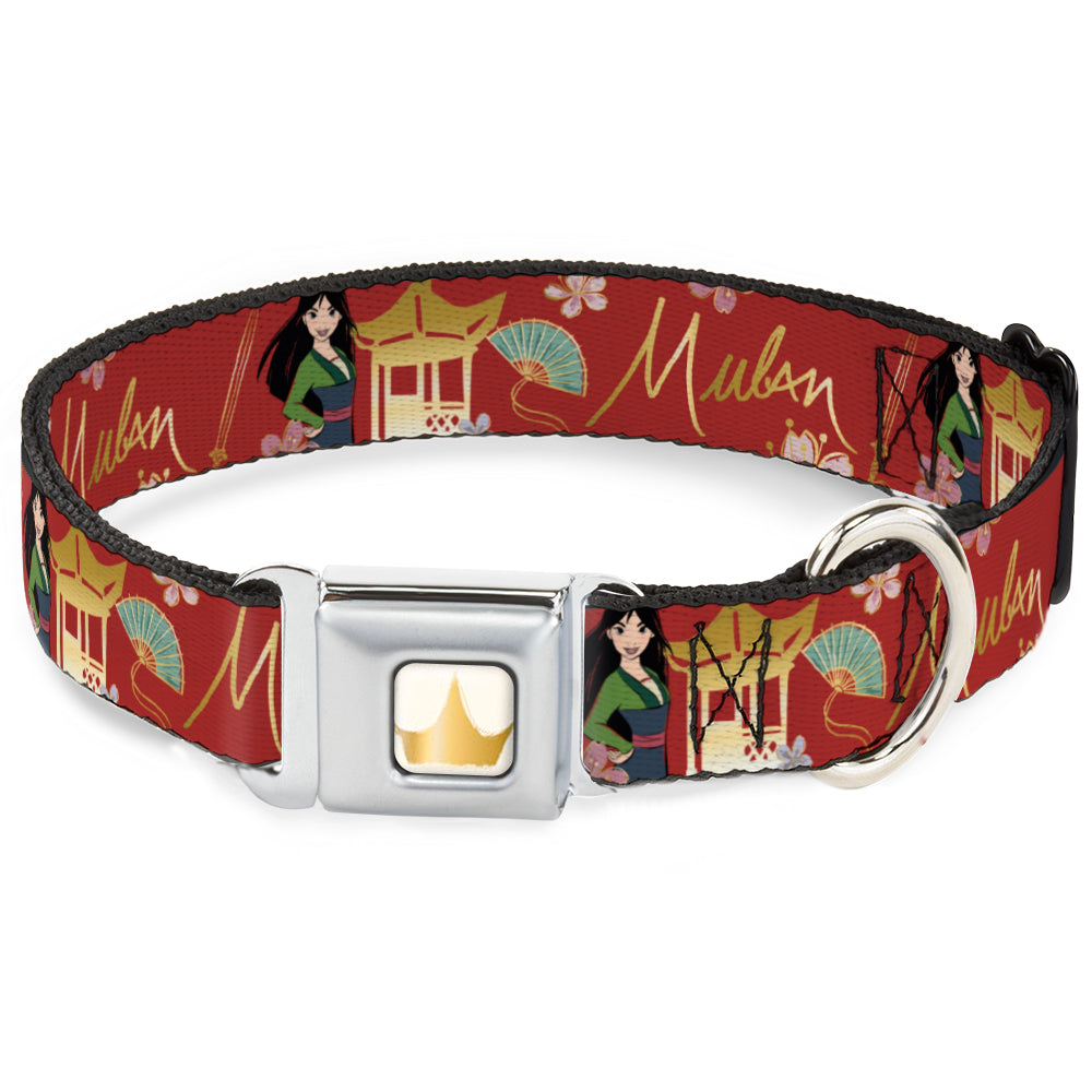 Disney Princess Crown Full Color Golds Seatbelt Buckle Collar - Mulan Gazebo Pose with Flowers and Script Red/Golds Dog Collars Seatbelt Buckle Disney