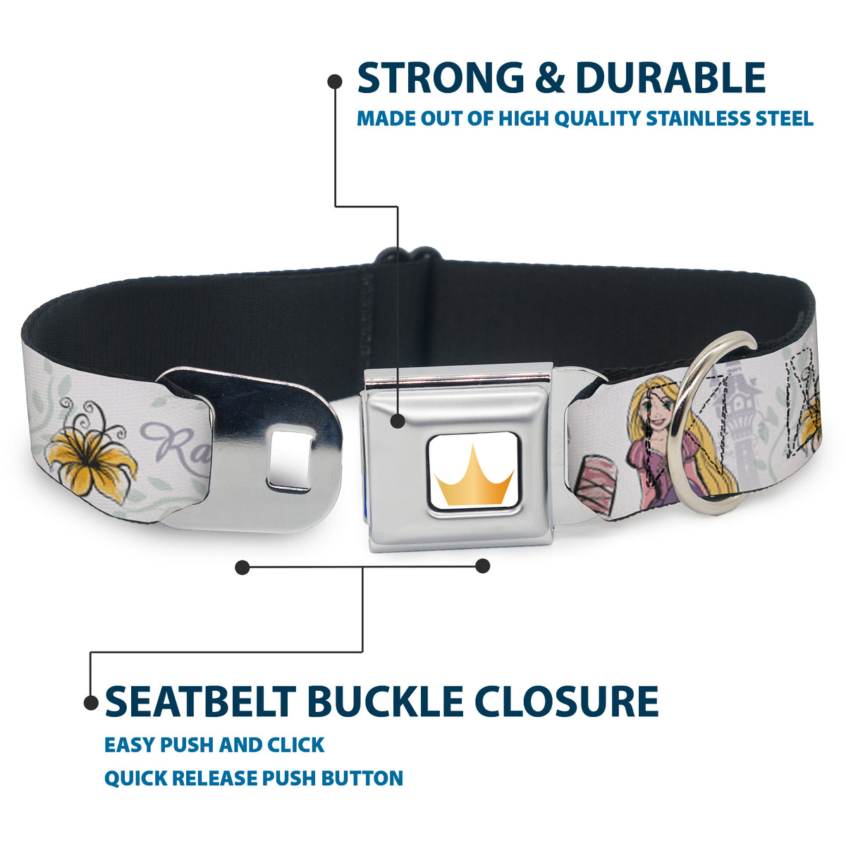 Disney Princess Crown Full Color Golds Seatbelt Buckle Collar - Rapunzel Castle and Pascual Pose with Script and Flowers White/Purples Dog Collars Seatbelt Buckle Disney