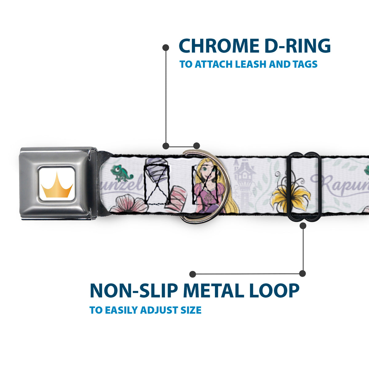 Disney Princess Crown Full Color Golds Seatbelt Buckle Collar - Rapunzel Castle and Pascual Pose with Script and Flowers White/Purples Dog Collars Seatbelt Buckle Disney