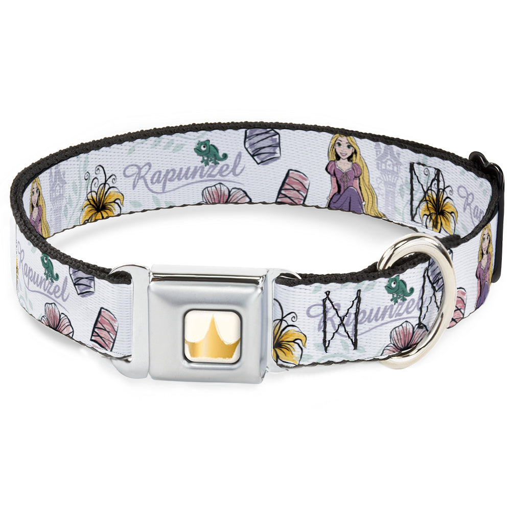 Disney Princess Crown Full Color Golds Seatbelt Buckle Collar - Rapunzel Castle and Pascual Pose with Script and Flowers White/Purples Dog Collars Seatbelt Buckle Disney
