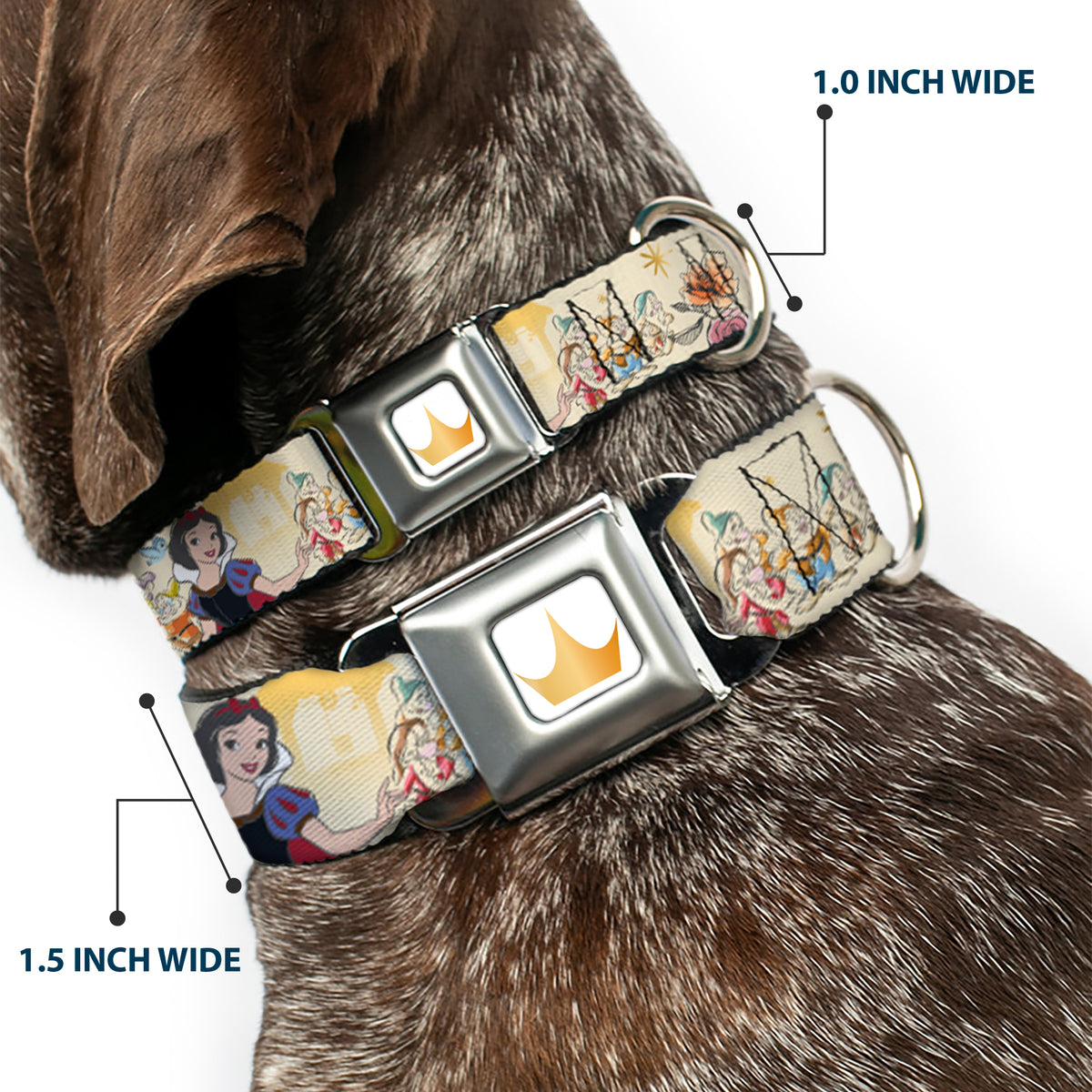 Disney Princess Crown Full Color Golds Seatbelt Buckle Collar - Snow White and the Seven Dwarfs with Script and Flowers Yellows Dog Collars Seatbelt Buckle Disney