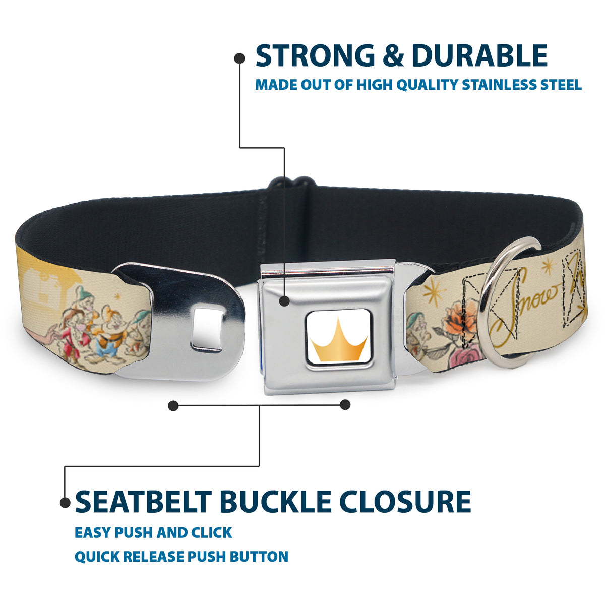 Disney Princess Crown Full Color Golds Seatbelt Buckle Collar - Snow White and the Seven Dwarfs with Script and Flowers Yellows Dog Collars Seatbelt Buckle Disney