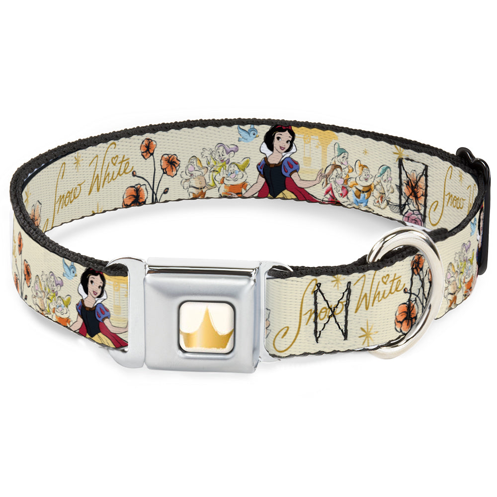 Disney Princess Crown Full Color Golds Seatbelt Buckle Collar - Snow White and the Seven Dwarfs with Script and Flowers Yellows Dog Collars Seatbelt Buckle Disney