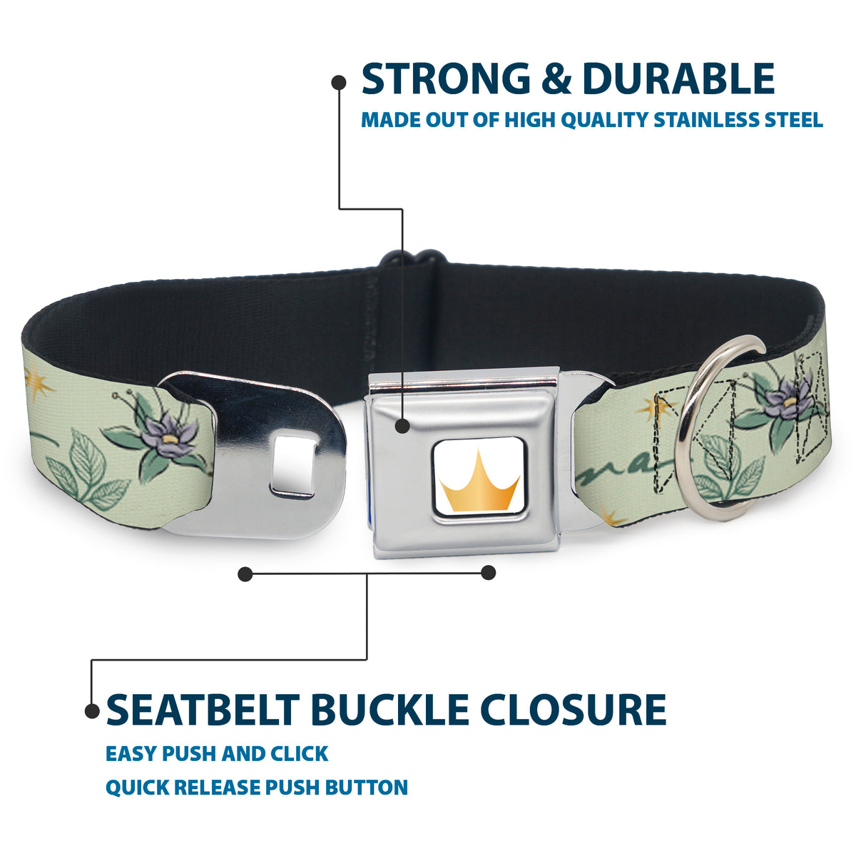 Disney Princess Crown Full Color Golds Seatbelt Buckle Collar - The Princess and the Frog Tiana Palace Pose with Script and Flowers Greens Dog Collars Seatbelt Buckle Disney
