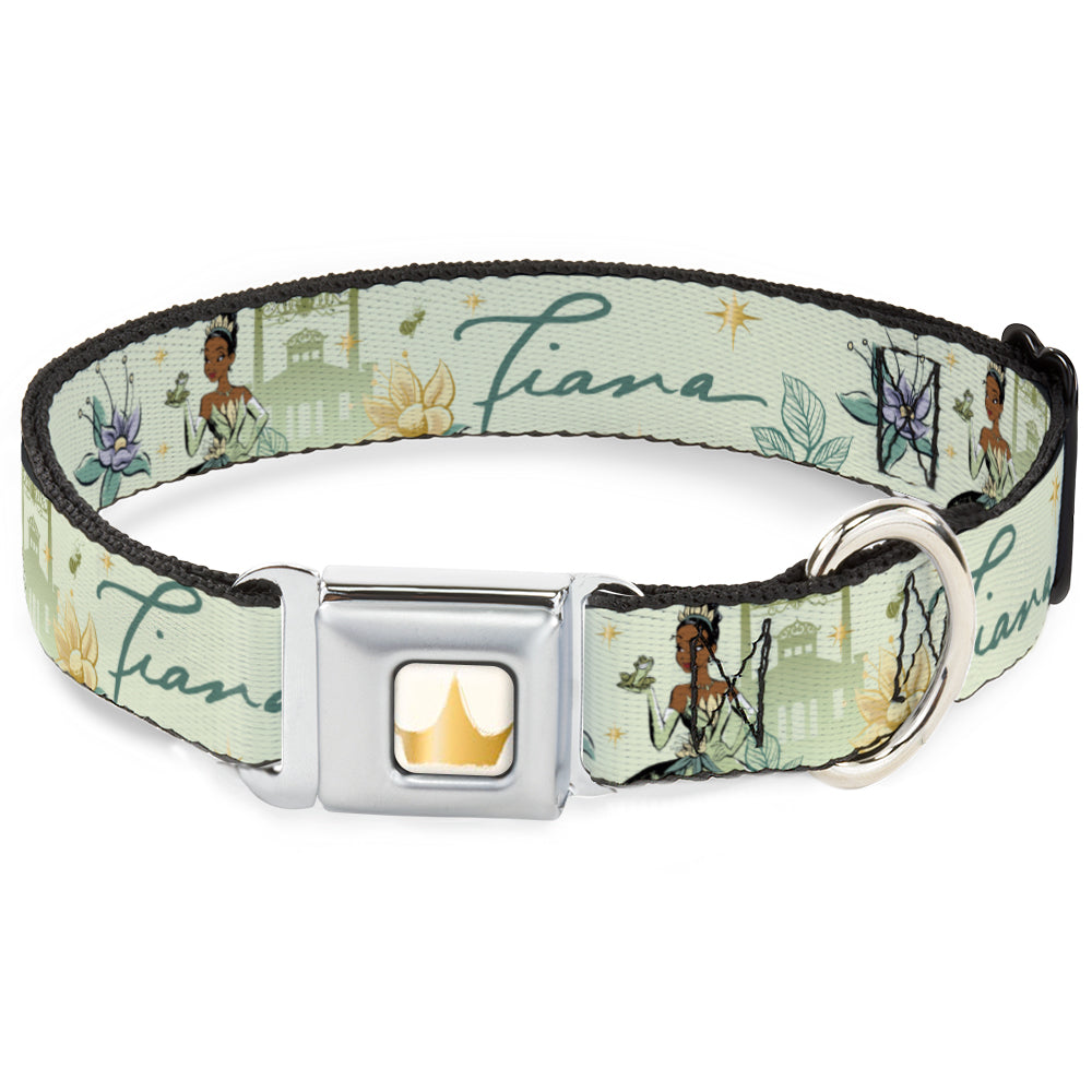 Disney Princess Crown Full Color Golds Seatbelt Buckle Collar - The Princess and the Frog Tiana Palace Pose with Script and Flowers Greens Dog Collars Seatbelt Buckle Disney