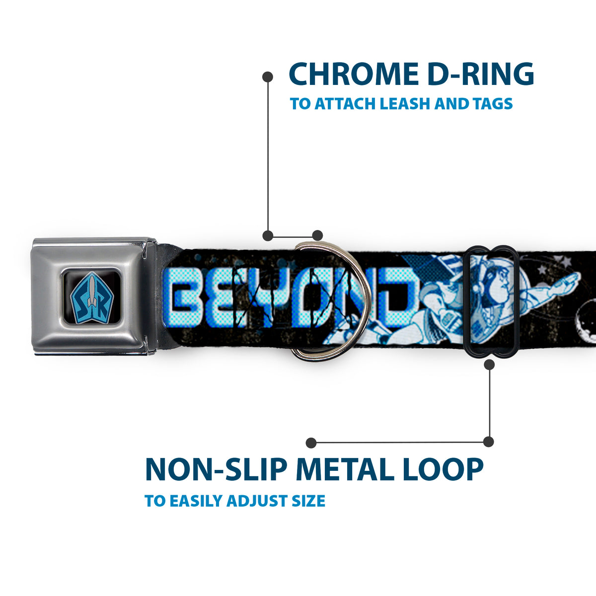 Space Ranger SR Logo Full Color Black/Blue Seatbelt Buckle Collar - Buzz Poses/Stars TO INFINITY AND BEYOND Black/Blues Dog Collars Seatbelt Buckle Disney