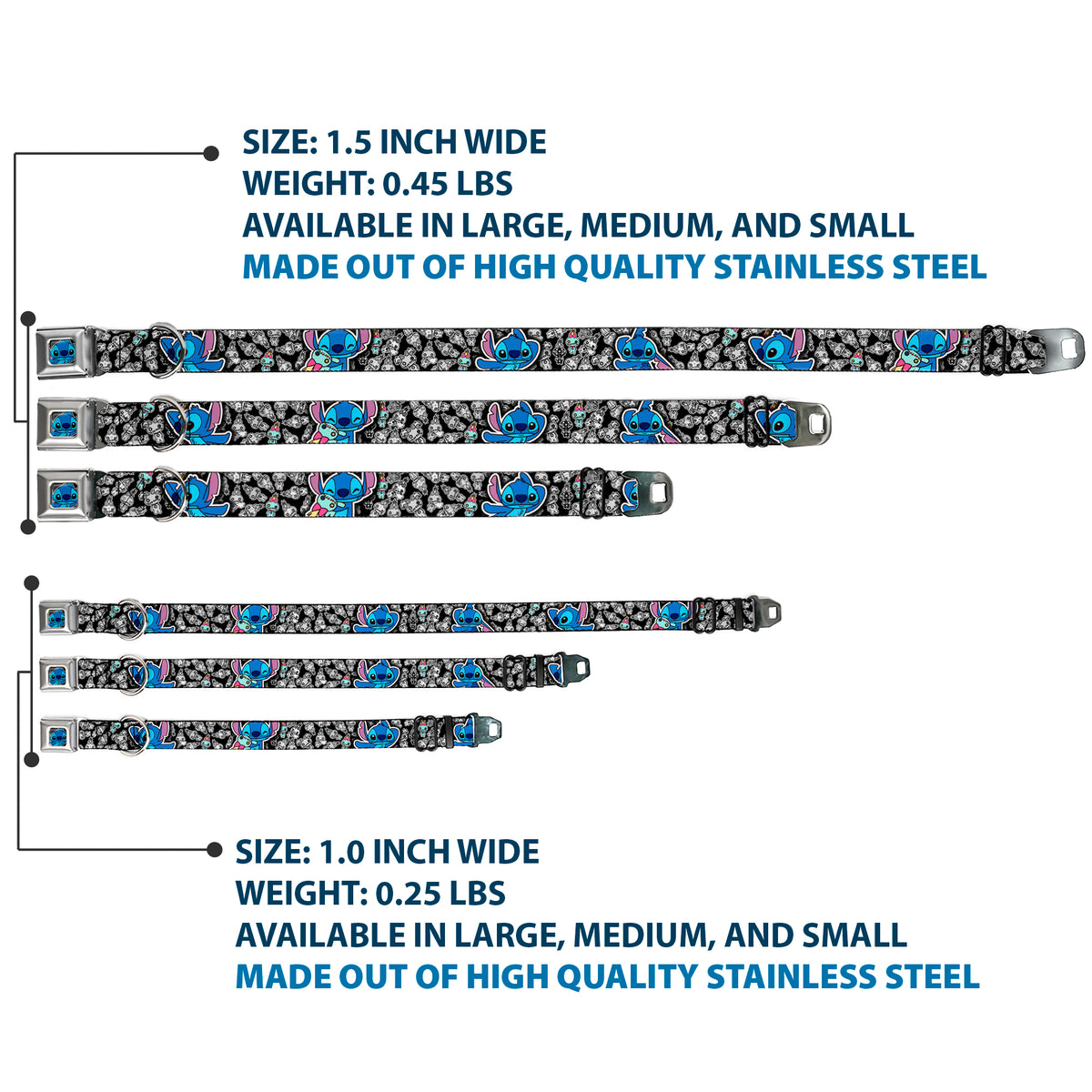 Stitch Face CLOSE-UP Full Color Seatbelt Buckle Collar - Stitch Poses/Mini Scrump Scattered Dog Collars Seatbelt Buckle Disney